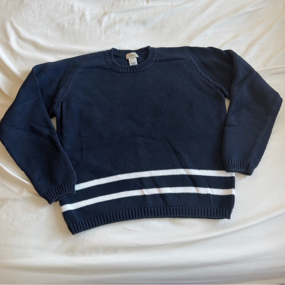 LL Bean Navy Crewneck Sweater with White Stripes